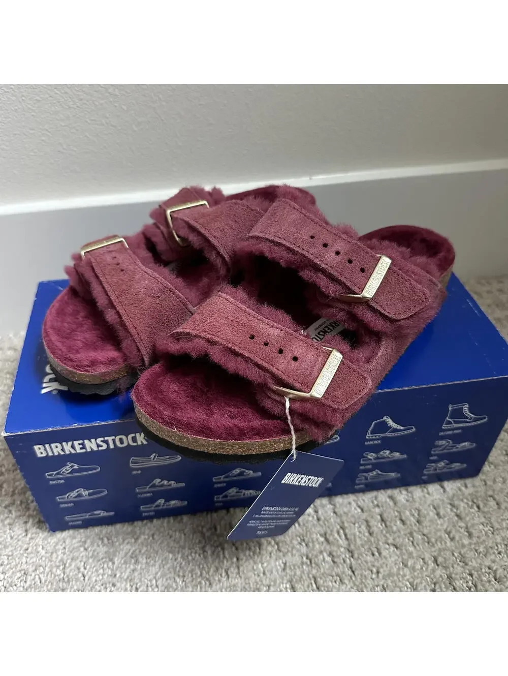 Birkenstock Arizona Shearling Suede Slide Sandal Maroon Red NIB Size 5-5.5/36EU